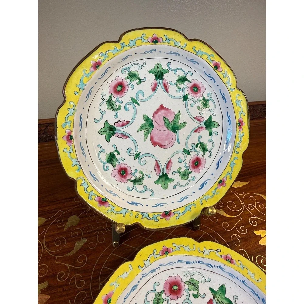 Pair Vintage Chinese Canton Enamel Copper Plates Peach Floral 6